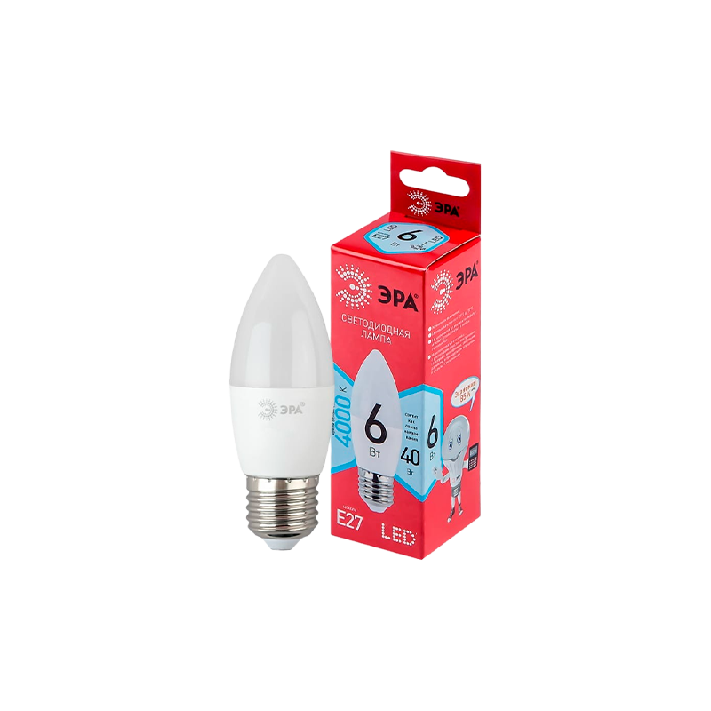Лампа светодиодная ЭРА B35 E27 6W 4000К 220-240V свеча Eco (1/10/100)