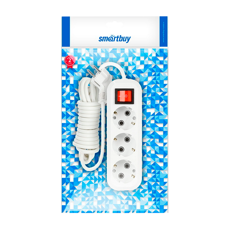 Удлинитель Smartbuy 3р.С/З 16A 2.0м с выкл. ПВС 3x1мм² белый (1/50)