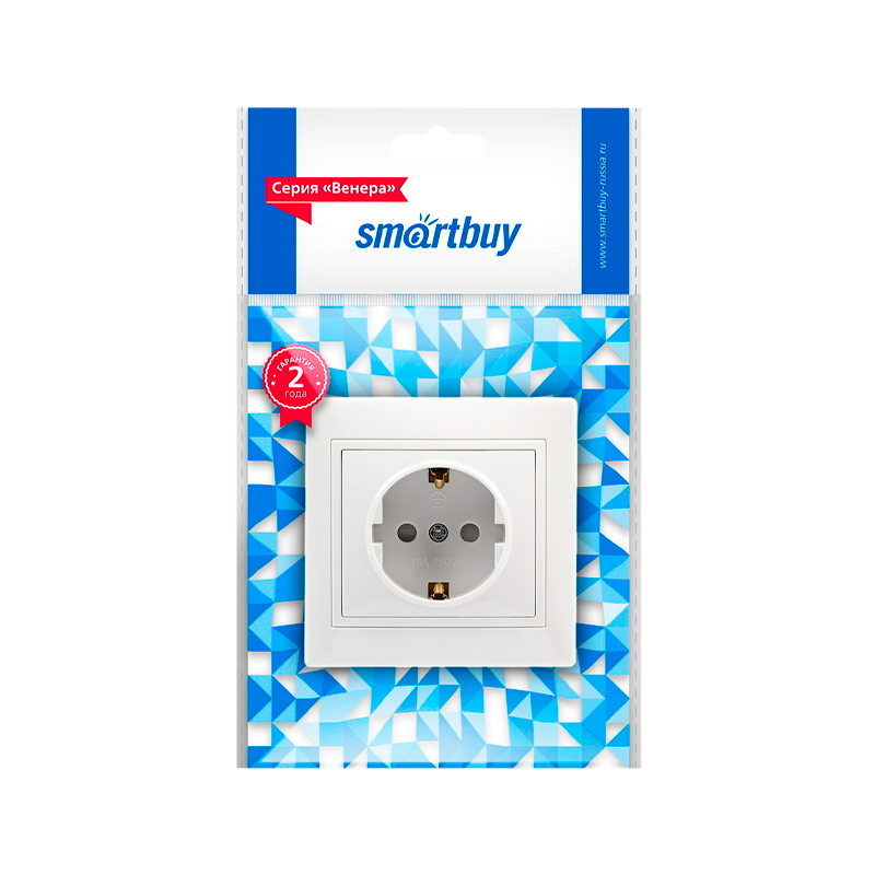 Розетка Smartbuy 1-местная с заземлением 16А белая с защ. штор. "Венера"