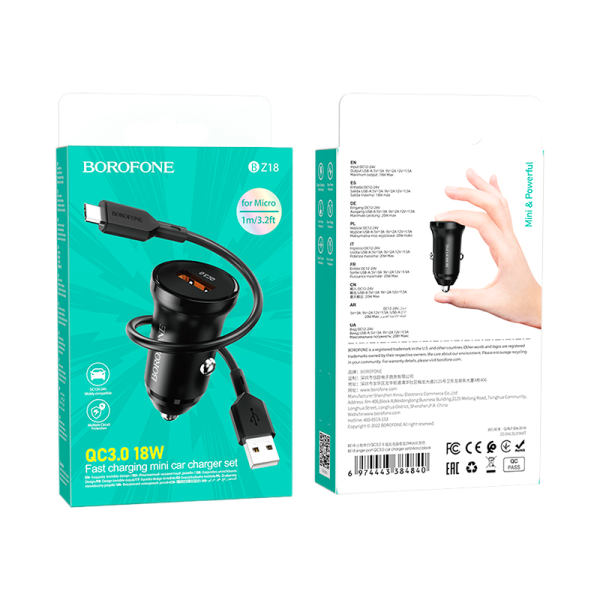Сетевое З/У Borofone BZ18 1USB 2.1A 18W QC3.0 с кабелем microUSB черный (1/48/192)