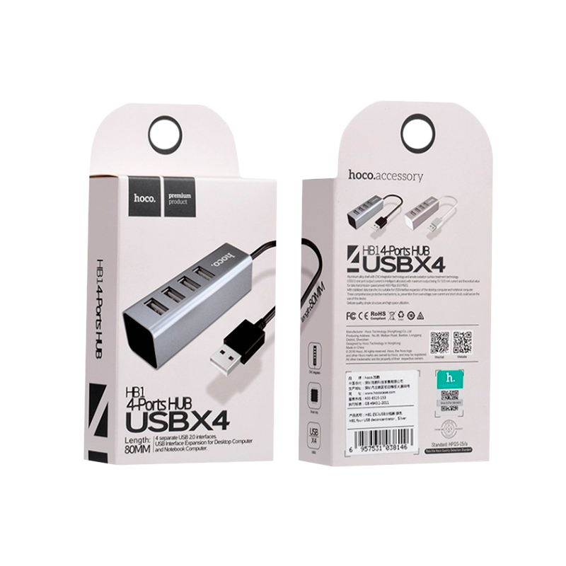 USB-Хаб HOCO HB1 4USB USB (m) серебряный (1/12/120)