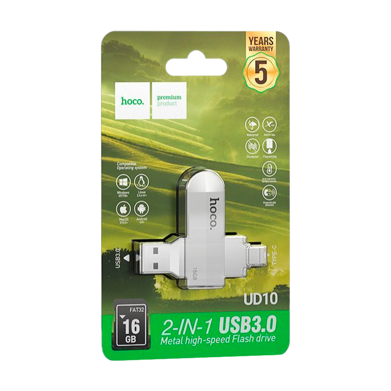 Флеш-накопитель HOCO Wise UD10 16GB USB3.0 Type-C (m) металл серебряный (1/25)