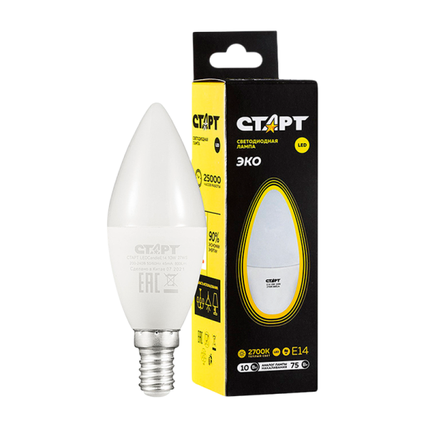 Лампа светодиодная Старт B35 E14 10W 2700К 220V свеча Eco матовая (1/10/100)