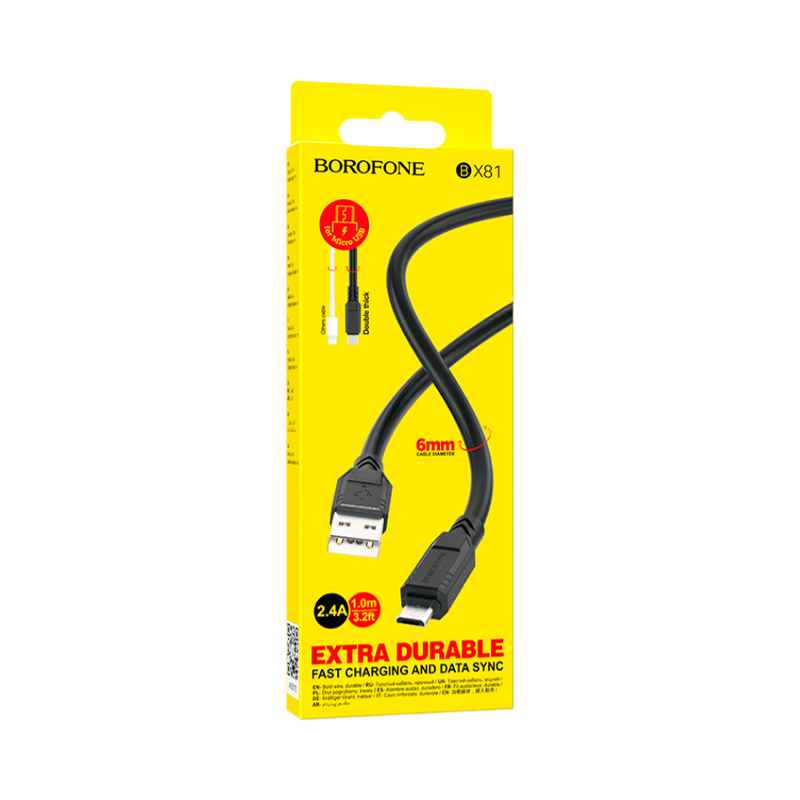 Кабель Borofone BX81 USB (m)-microUSB (f) 1.0м 2.4A ПВХ черный (1/360)