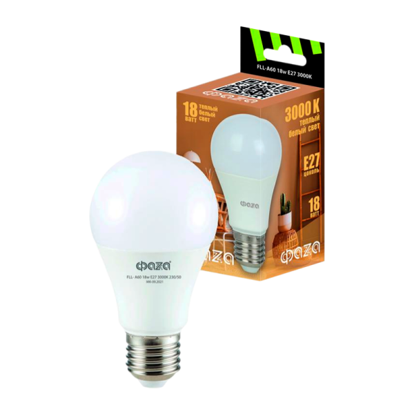 *Лампа светодиодная Фаzа A60 E27 18W 3000К 220-240V груша (1/10/100) 