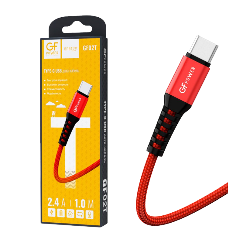 Кабель GFPower 02T USB (m)-Type-C (m) 1.0м 2.4A нейлон красный (1/200/800)