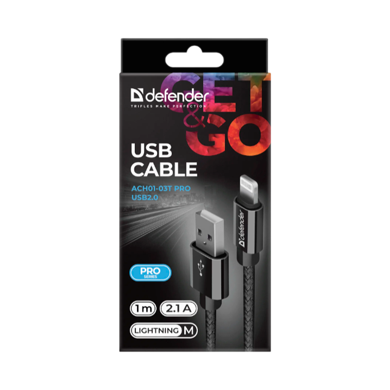 Кабель Defender ACH01-03T PRO USB2.0 (m)-Lightning (m) 1.0м 2.1A черный