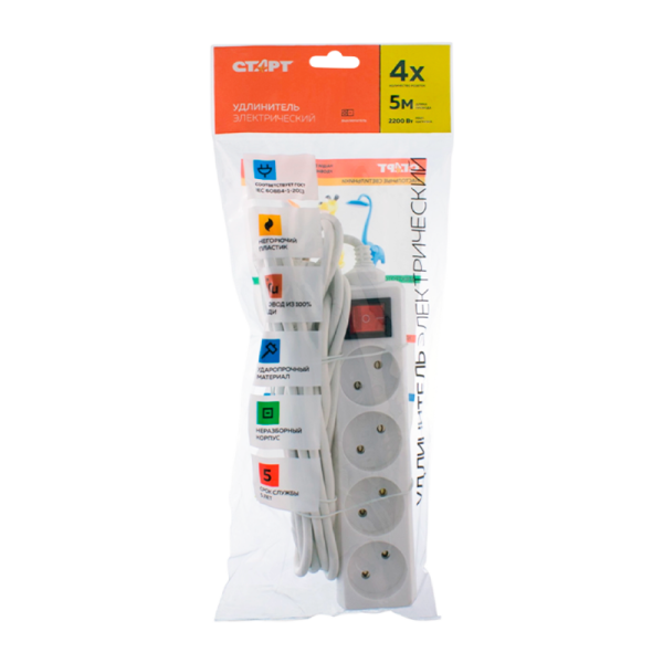Удлинитель Старт S 4р.Б/З 10A 5.0м с выкл. IP20 белый (1/20)