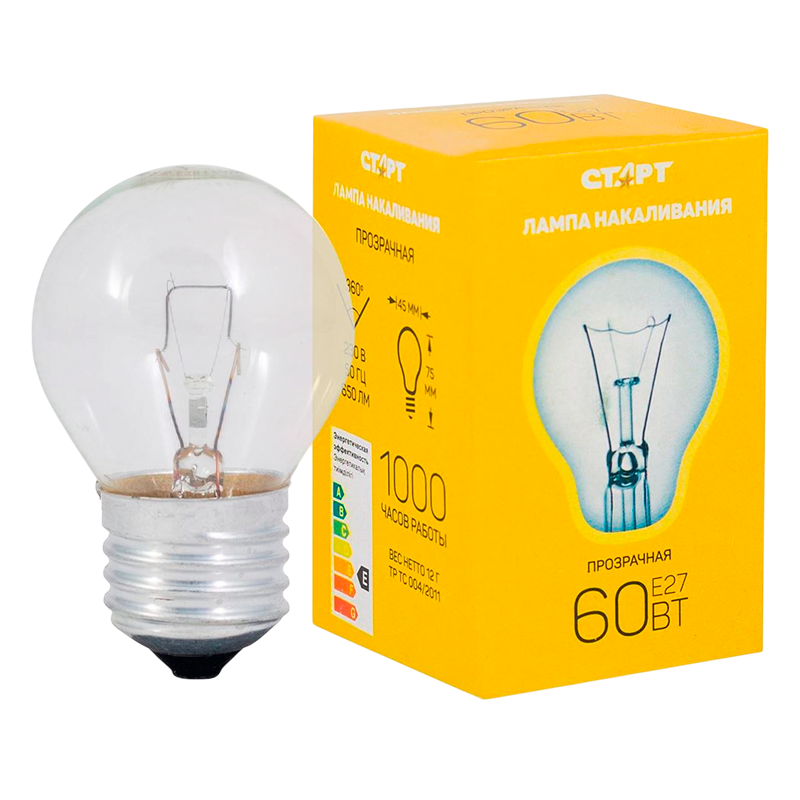 Лампа накаливания Старт E27 60W 230V шар ДШ прозрачная (1/100)