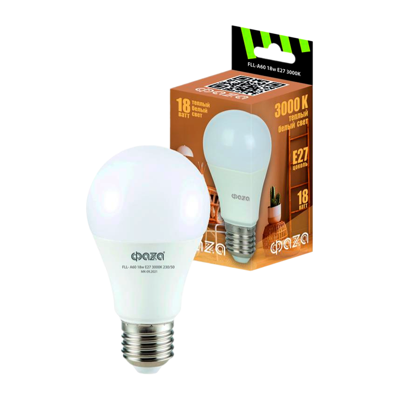 *Лампа светодиодная Фаzа A60 E27 18W 3000К 220-240V груша (1/10/100) 
