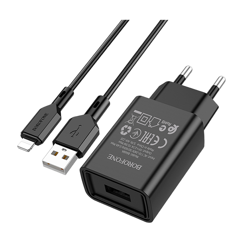 Сетевое З/У Borofone BA68A 1USB Lightning (m) 2.1A черный (1/60/240)