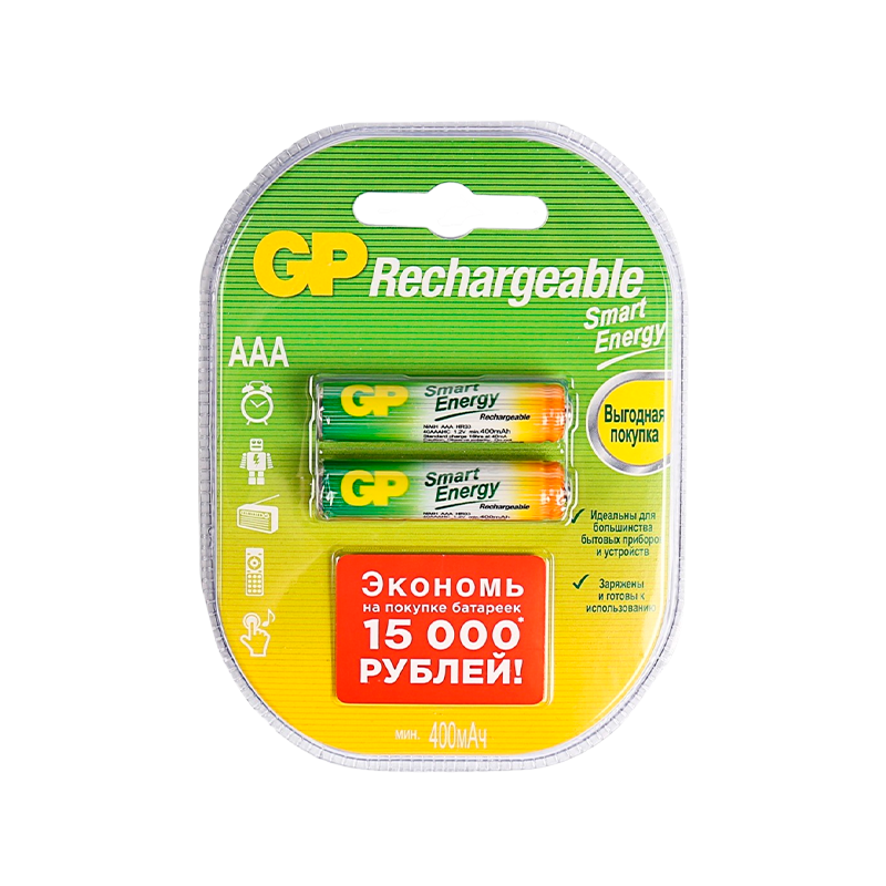 Аккумулятор бытовой GP HR03 AAA BL2 NI-MH 400mAh в пластиковой упаковке (2/20/200) R