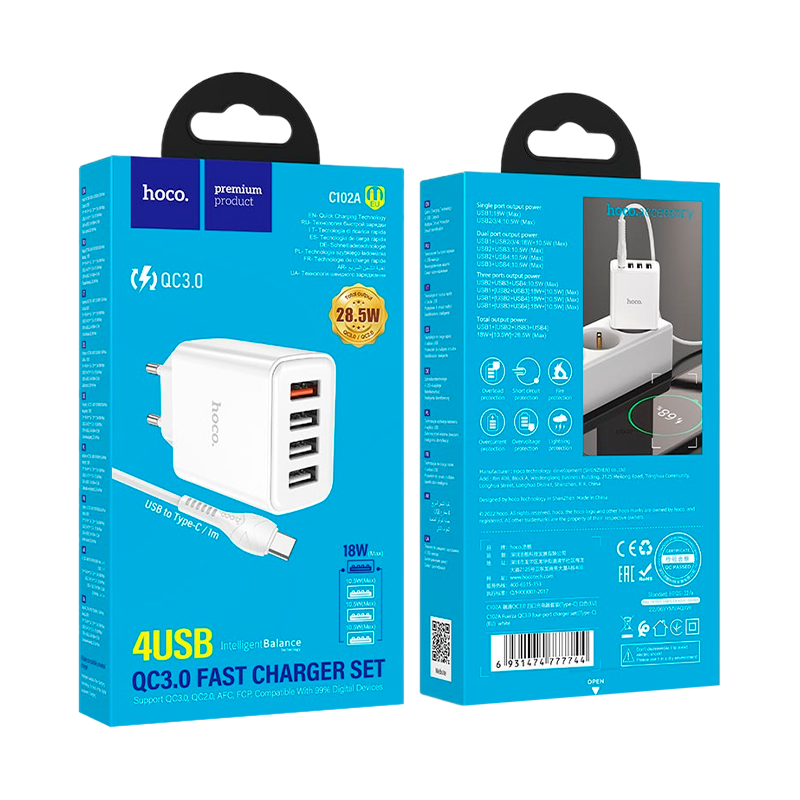 Сетевое З/У HOCO C102A 4USB 2.1A 28W QC3.0 белый (1/13/130)