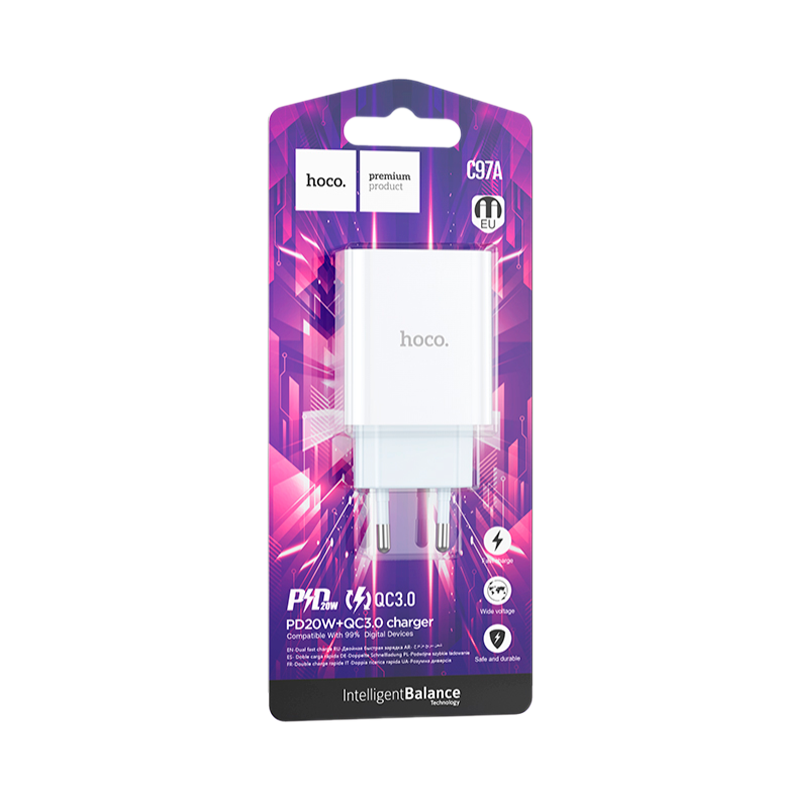 Сетевое З/У HOCO C97A 1USB/Type-C 20W QC3.0 белый (1/30/180)
