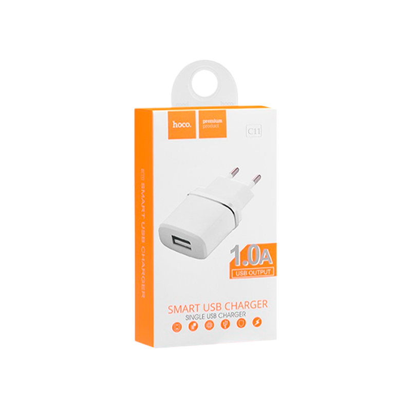 Сетевое З/У HOCO C11 1USB 1.0A с кабелем microUSB белый (1/10/100)