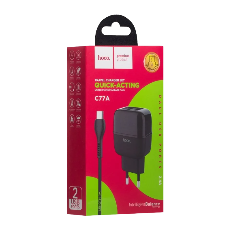 Сетевое З/У HOCO C77A 2USB 2.4A с кабелем microUSB черный (1/12/120)