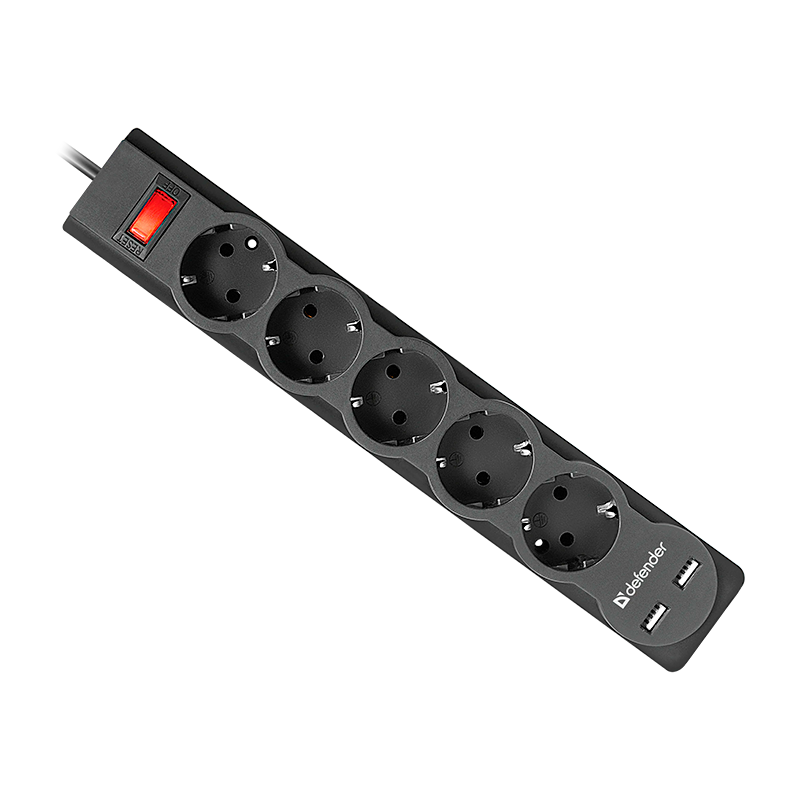Сетевой фильтр Defender DFS 751 5р.С/З 10A 2USB 220 Дж 1.8м черный (1/30)
