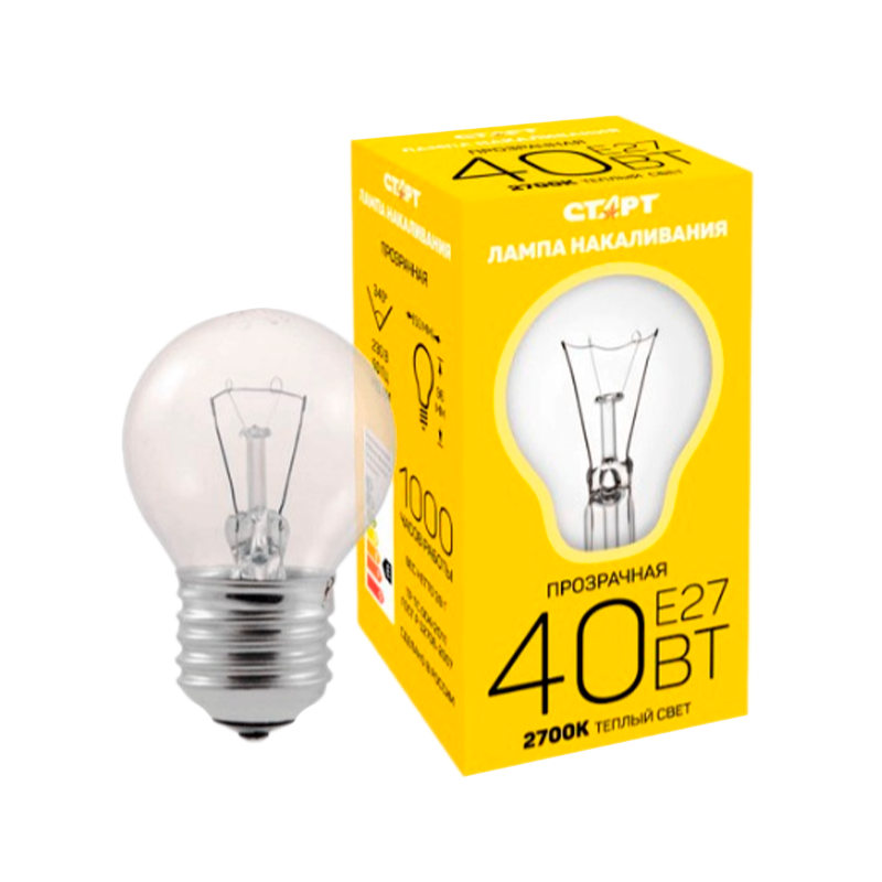 Лампа накаливания Старт E27 40W 230V шар ДШ прозрачная (1/10/100)