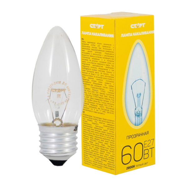 Лампа накаливания Старт E27 60W 230V свеча ДС прозрачная (1/10/100)