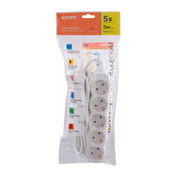 Удлинитель Старт S 5р.С/З 10A 5.0м IP20 белый (1/20)