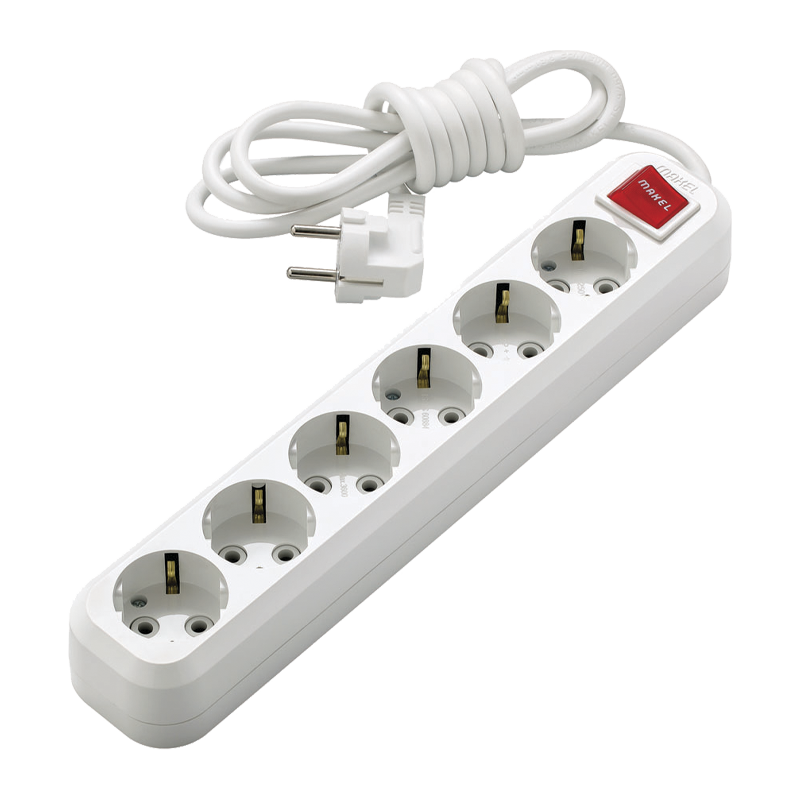Удлинитель Makel 6р.С/З 16A 3.0м с выкл. 2x1мм² IP20 белый MGP233 (1/12)