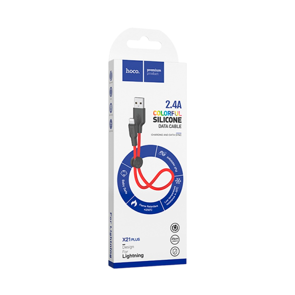 Кабель HOCO X21 Plus USB (m)-Lightning (m) 0.25м 2.4A силикон черный красный (1/30/300)
