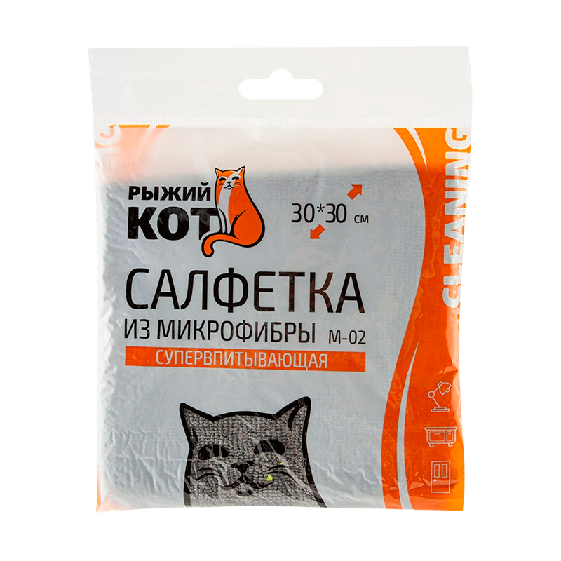 Салфетка Рыжий кот M-02 30х30см микрофибра универсальная серый (1/40/200)