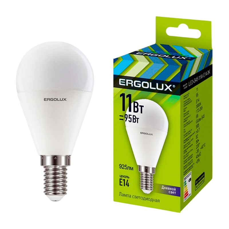 Лампа светодиодная Ergolux G45 E14 11W 6500К 172-265V шар (1/10/100)