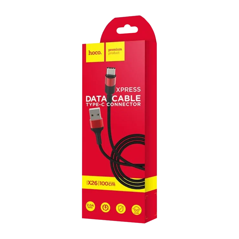 Кабель HOCO X26 USB (m)-Type-C (m) 1.0м 2.0A нейлон черный красный (1/30/300)