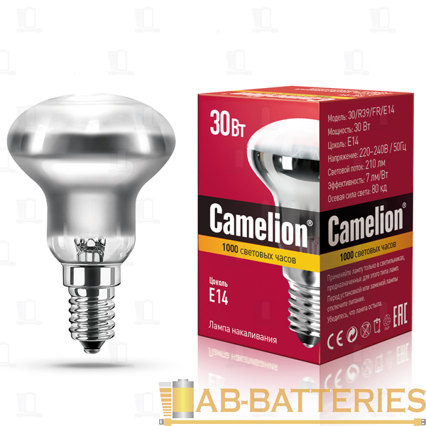 Лампа накаливания зеркальная Camelion R39 E14 30W 220-240V рефлектор матовая (1/100)