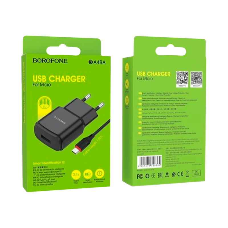 Сетевое З/У Borofone BA48A 1USB 2.1A с кабелем microUSB черный (1/44/176)