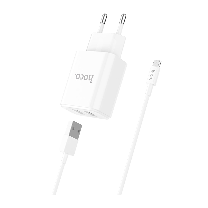 Сетевое З/У HOCO C62A 2USB 2.1A умная зарядка (IC) с кабелем microUSB белый (1/21/126)