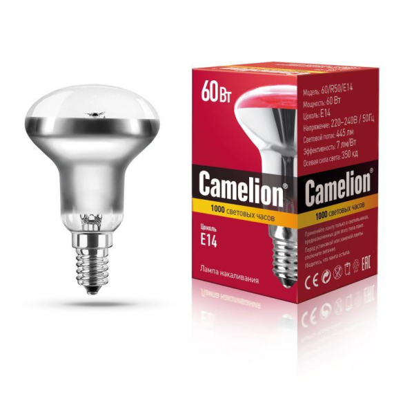 Лампа накаливания Camelion R50 E14 60W 220-240V рефлектор прозрачная (1/100)