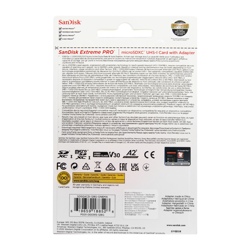 Карта памяти microSD SanDisk Extreme Pro 128GB Class10 A2 UHS-I (U3) 200 МБ/сек CN (Китай) с адаптер