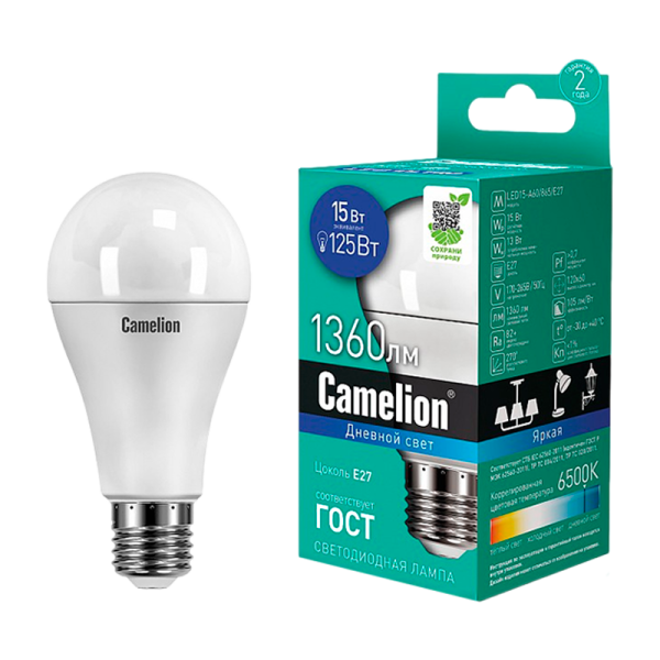 Лампа светодиодная Camelion A60 E27 15W 6500К 170-265V груша матовая (1/10/100)