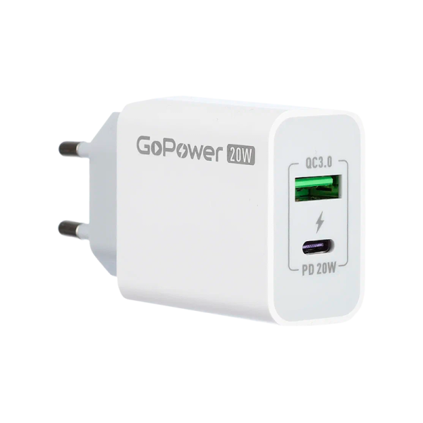 Сетевое З/У GoPower GPQC08 1USB+1Type-C 20W QC3.0 белый