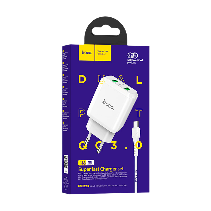 Сетевое З/У HOCO N6 2USB 3.0A QC3.0 с кабелем Type-C белый (1/12/120)
