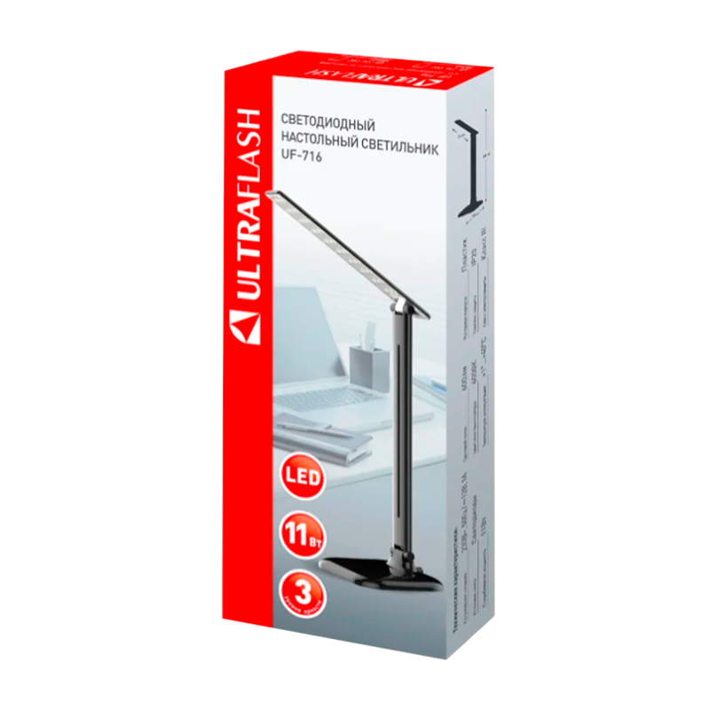 Светильник настольный Ultraflash UF-716 11W 220V 1LED на основании сенс. 3 ур.ярк. черный (1/22)