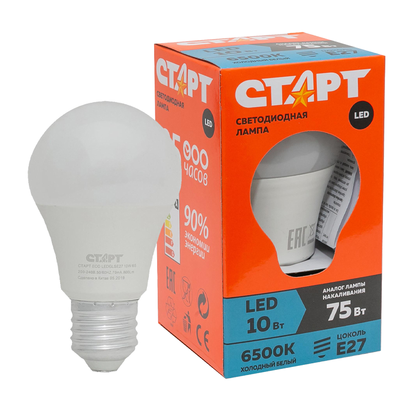 Лампа светодиодная Старт GLS E27 10W 6500К 220V груша Eco матовая (1/10/100)