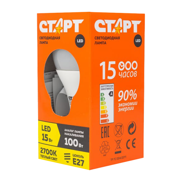 Лампа светодиодная Старт GLS E27 15W 3000К 220V груша Eco матовая (1/10/100)