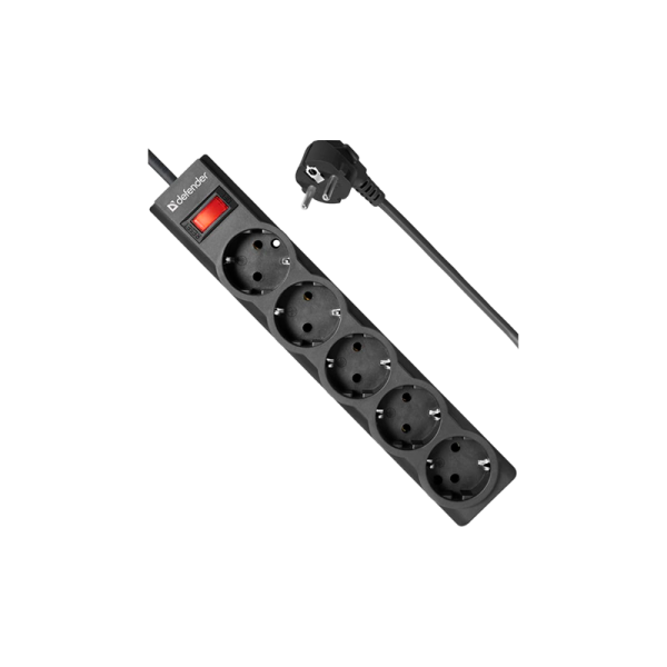 Сетевой фильтр Defender ES largo 5р.С/З 10A с выкл. 125 Дж 1.8м черный (1/30)