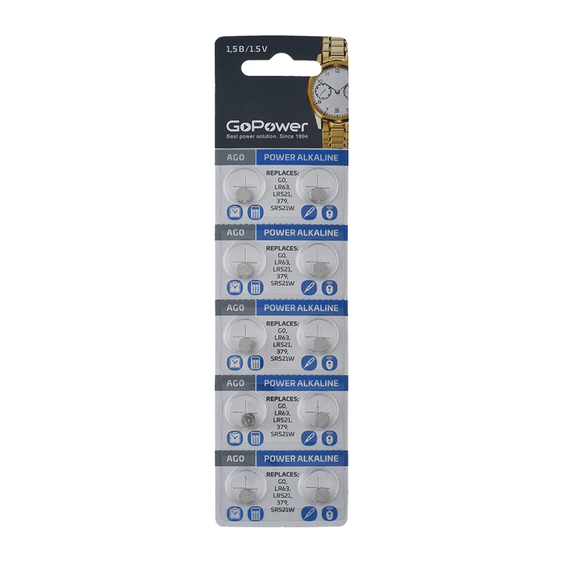 Батарейка GoPower G0/LR521/LR63/LR50/379A/179 BL10 Alkaline 1.55V (10/100/3600)