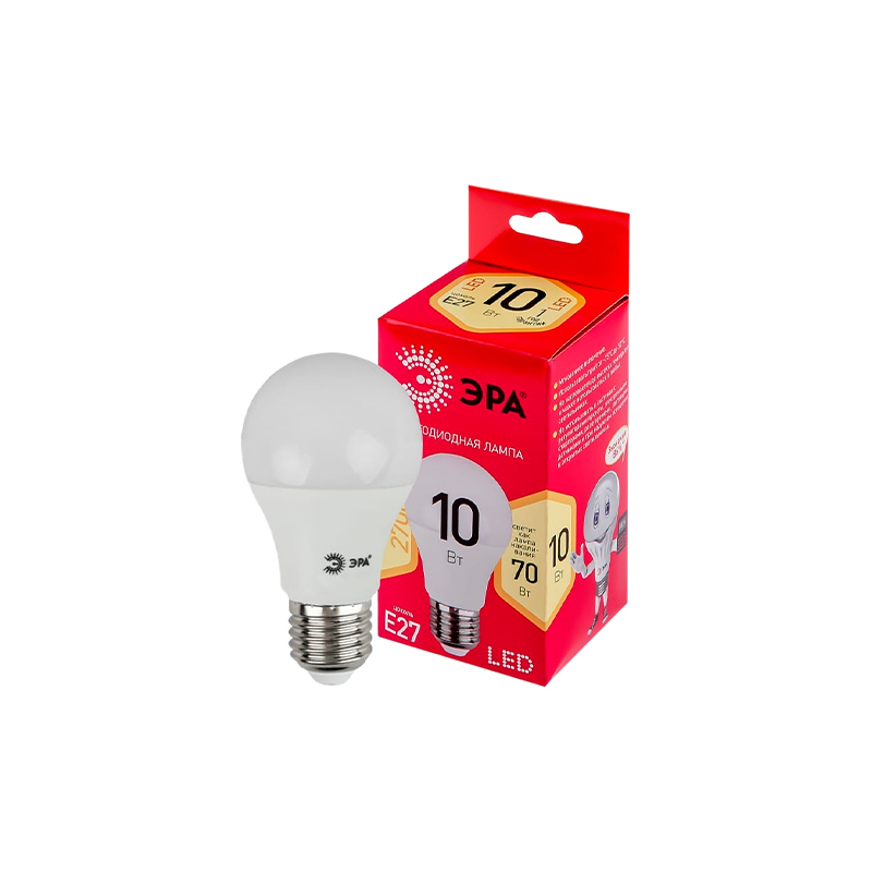 Лампа светодиодная ЭРА A60 E27 10W 2700К 220-240V груша (1/10/100)
