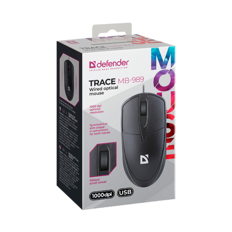 Мышь проводная Defender MB-989 Trace классическая USB черный (1/100)
