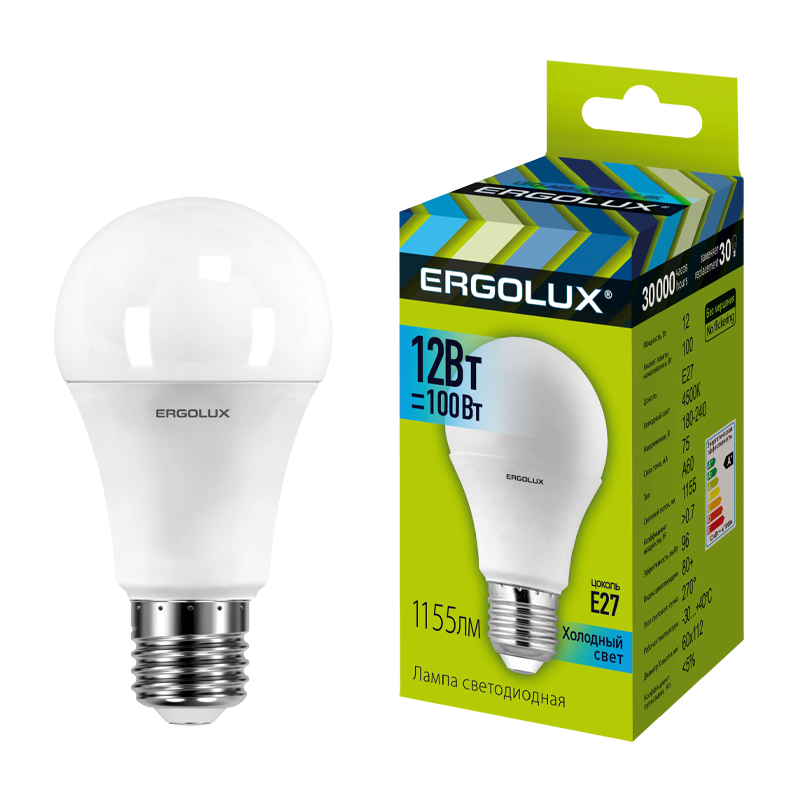 Лампа светодиодная Ergolux A60 E27 12W 4500К 180-240V груша ЛОН (1/10/100)