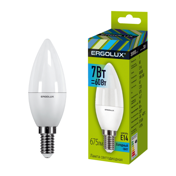 Лампа светодиодная Ergolux C35 E14 7W 4500К 180-240V свеча (1/10/100)