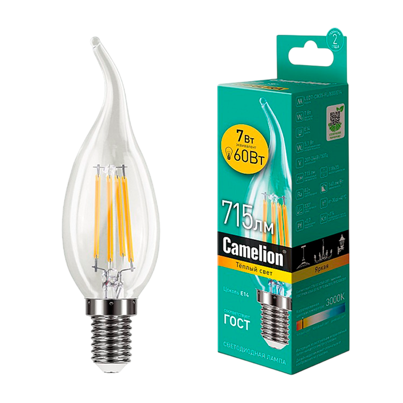 Лампа светодиодная филамент Camelion CW35 E14 7W 3000К 172-265V свеча на ветру прозрачная (1/10/100)