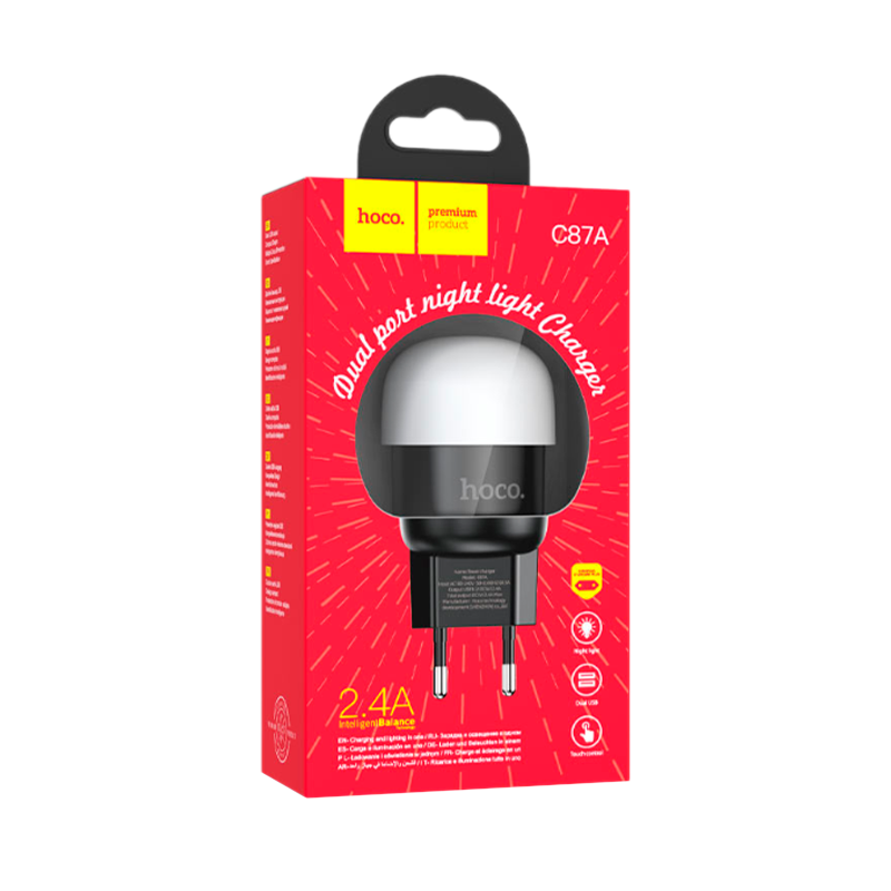 Сетевое З/У HOCO C87A 2USB 2.4A с ночником черный (1/8/80)