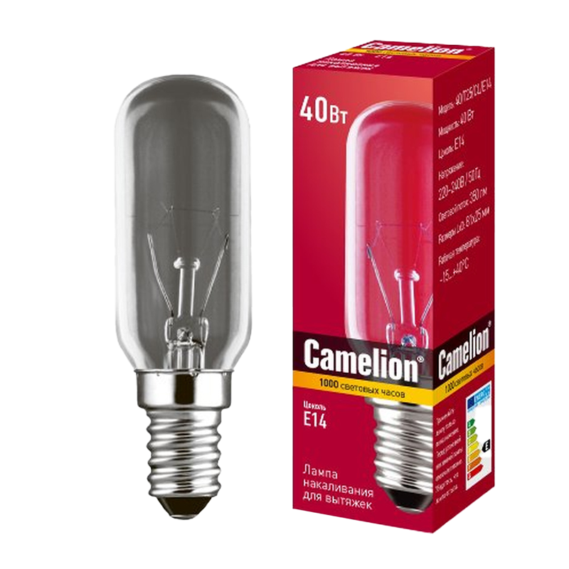 Лампа накаливания Camelion E14 40W 220-240V цилиндр для вытяжек прозрачная (1/10/500)