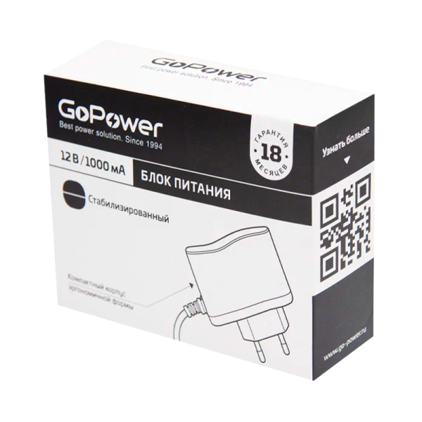 Блок питания GoPower 1.0A 12V 5,5x2,5/12мм импульсный (1/100)